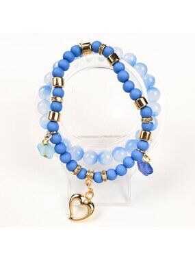 Blue Double Strand Bracelet Gold Heart Charm Coastal Beaded Jewelry
